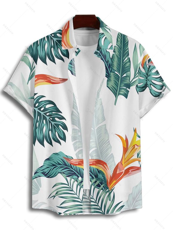 Vacation Couple Outfit Plant Print Flare Sleeve Slit Dress and Shirt Set - Vert S | US 4