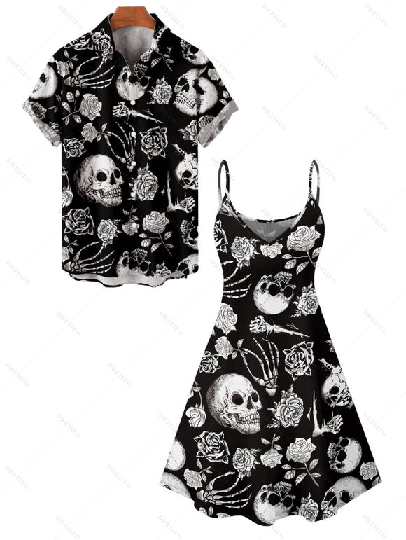 Halloween Gothic Couple Outfit Outfit Rose Skull Skeleton Hand Print Dress and Shirt Set - Noir S | US 4