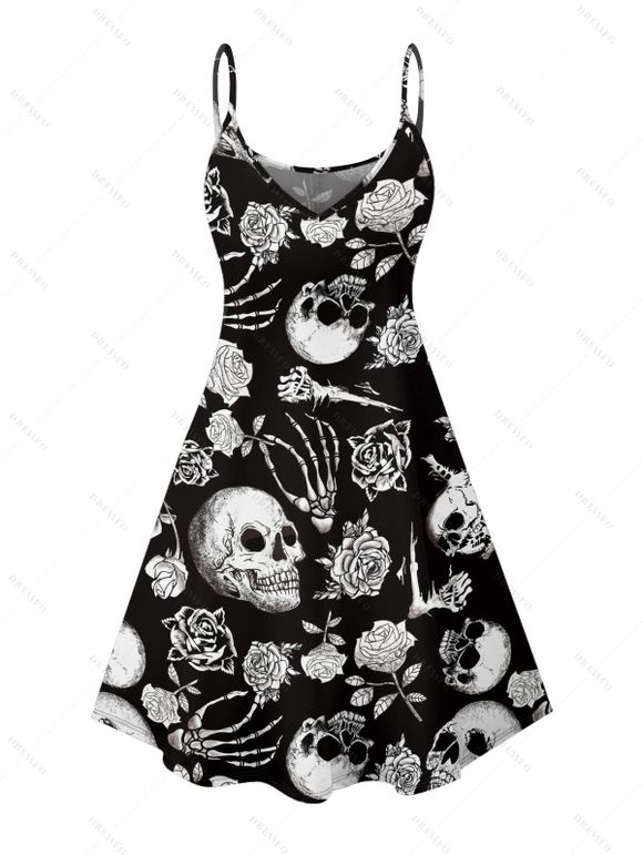 Halloween Gothic Couple Outfit Outfit Rose Skull Skeleton Hand Print Dress and Shirt Set - Noir S | US 4