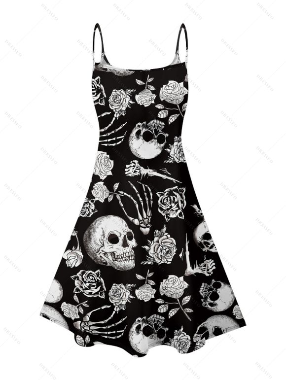 Halloween Gothic Couple Outfit Outfit Rose Skull Skeleton Hand Print Dress and Shirt Set - Noir S | US 4