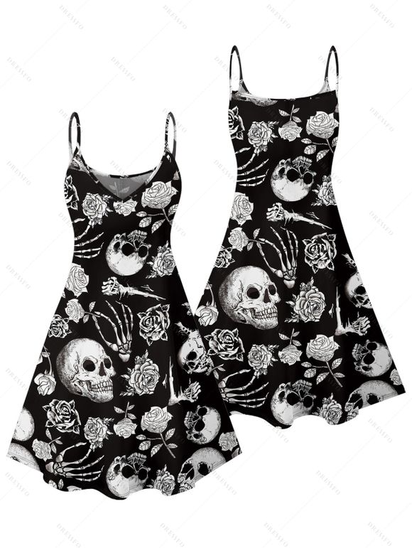 Halloween Gothic Couple Outfit Outfit Rose Skull Skeleton Hand Print Dress and Shirt Set - Noir S | US 4