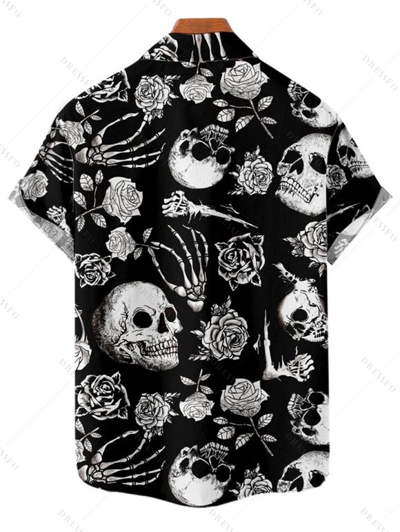 Halloween Gothic Couple Outfit Outfit Rose Skull Skeleton Hand Print Dress and Shirt Set - Noir S | US 4