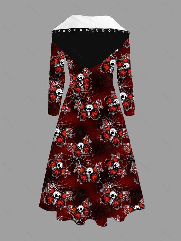 Robe gothique à capuche pour Halloween, motif papillon, crâne, toile d'araignée, lacets, coupe haute et basse - Rouge Vineux XXXL | US 16