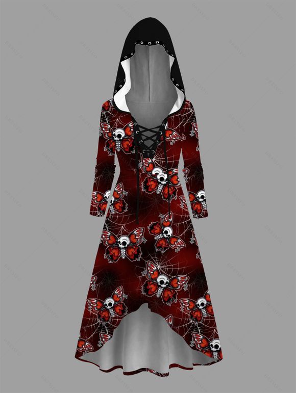 Robe gothique à capuche pour Halloween, motif papillon, crâne, toile d'araignée, lacets, coupe haute et basse - Rouge Vineux XXXL | US 16