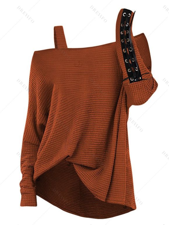 Haut décontracté texturé de couleur unie à manches longues et col incliné - Couleur Caramel M | US 6