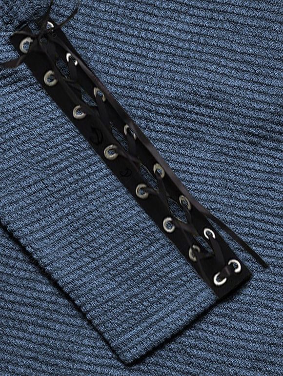 Haut décontracté texturé de couleur unie à manches longues et col incliné - Bleu XL | US 12