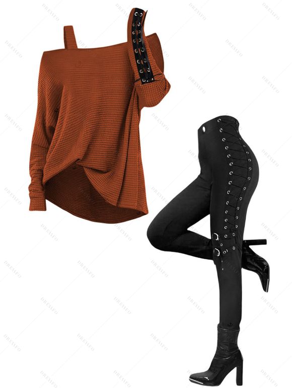 Women Outfit Skew Neck Textured Solid Color Top and Grommet Lace Up Leggings Set - Couleur Caramel S | US 4