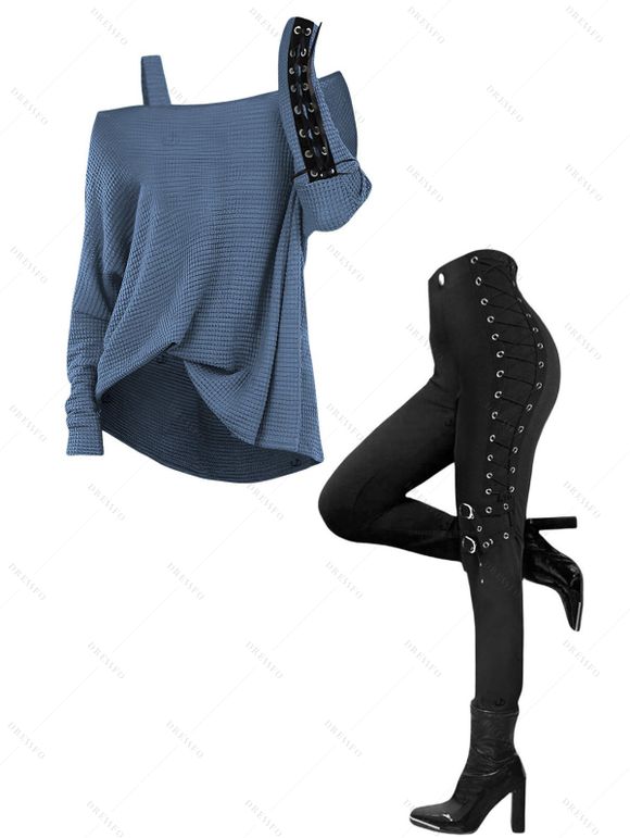 Women Outfit Skew Neck Textured Solid Color Top and Grommet Lace Up Leggings Set - Bleu S | US 4