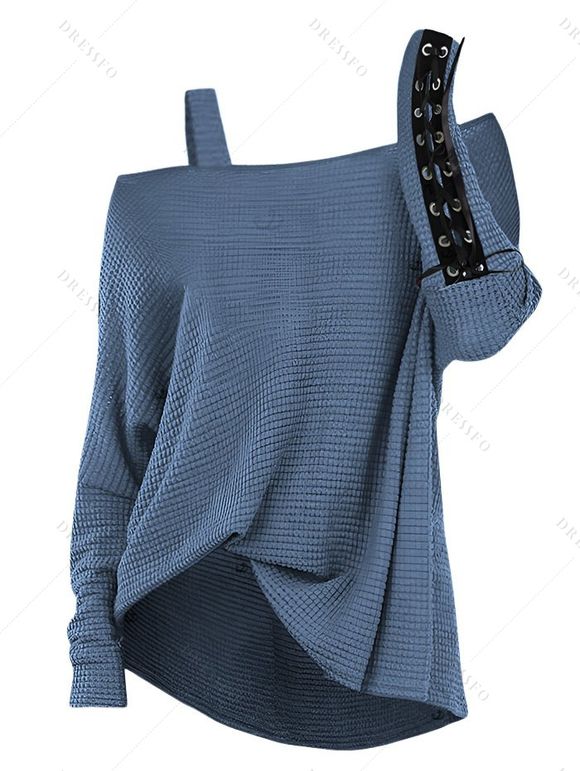 Women Outfit Skew Neck Textured Solid Color Top and Grommet Lace Up Leggings Set - Bleu S | US 4