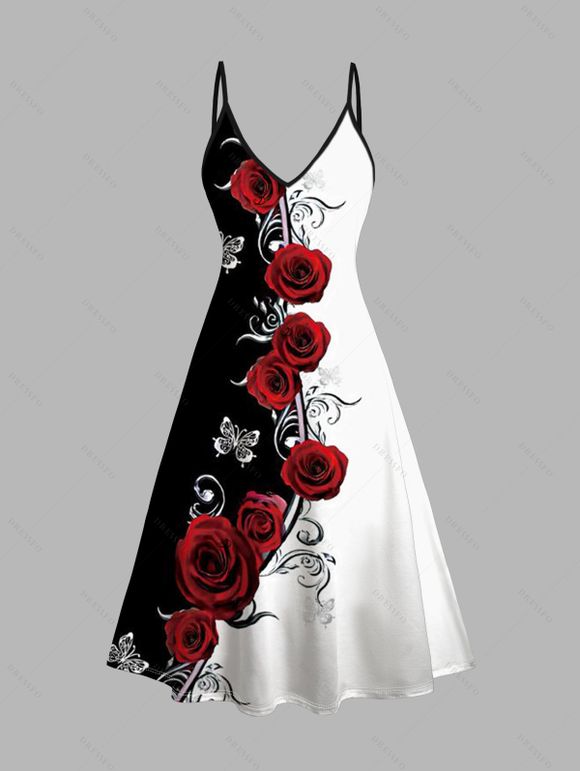 Ensemble robe à imprimé papillon rose de couleur contrastée et haut long ouvert sur le devant - Rouge Vineux XXL | US 14