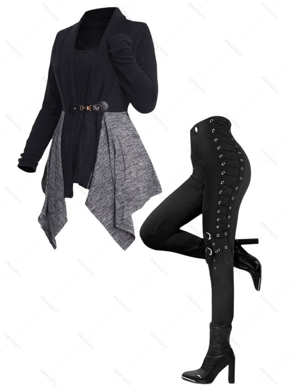 Women Outfit Asymmetric Knit Faux Twinset Top and Grommet Lace Up Leggings Set - Noir S | US 4