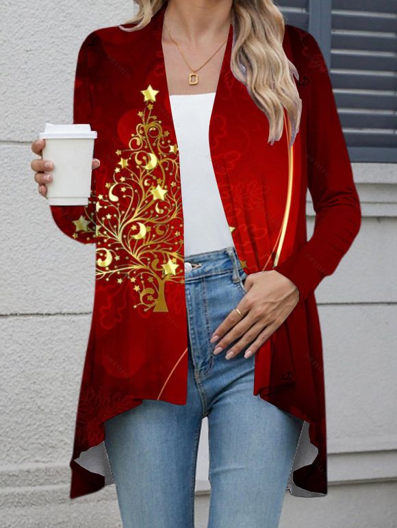 Manteau de vacances imprimé sapin de Noël et étoiles, haut ouvert à manches longues - Rouge Vineux XXL | US 14