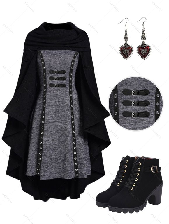 Women Outfit Long Hooded Knit Cape Mini Knit Dress Set Heart Earrings Boots Set - Gris S | US 4