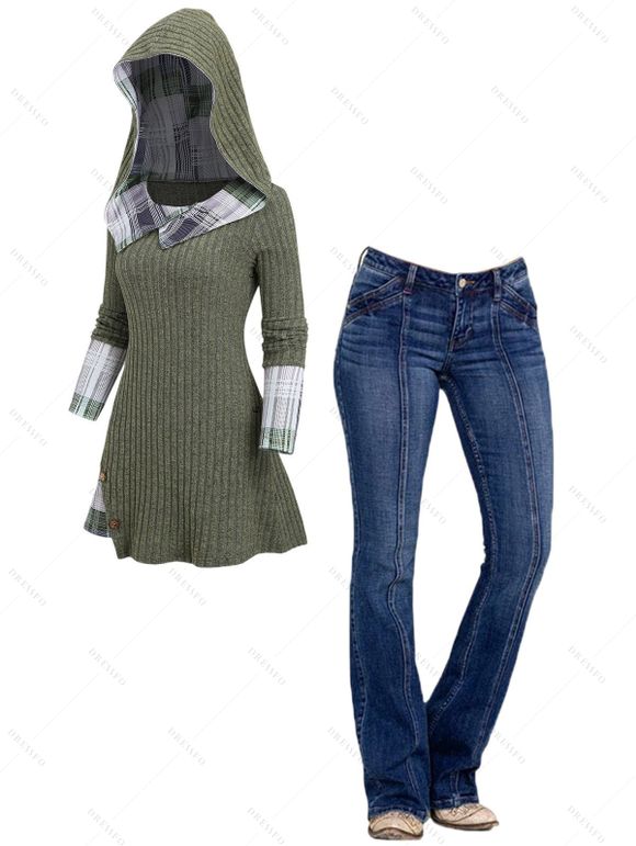 Women Outfit Plaid Knit Faux Twinset Hoodie Sweater and Topstitching Flare Jeans Set - Vert Armée S | US 4