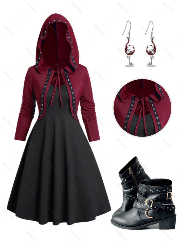Gothic Outfit Grommet Tie Hooded Top Cami Dress Set and Earrings Boots Set - Noir S | US 4