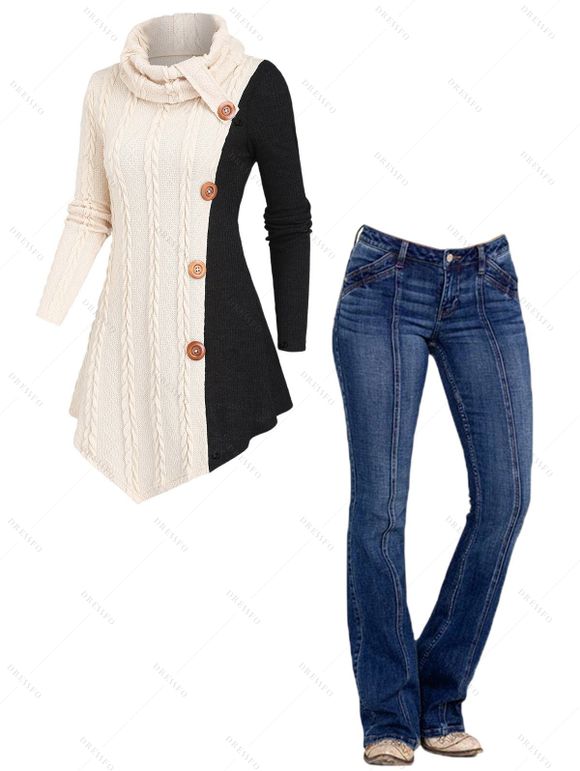 Women Outfit Colorblock Cable Knit Sweater and Topstitching Flare Jeans Set - café lumière S | US 4