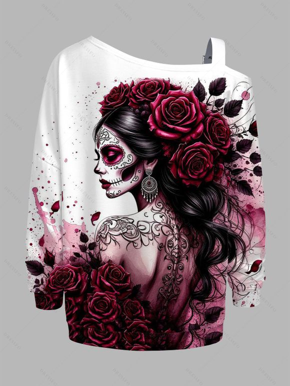 Sweat-shirt gothique à imprimé tête de mort et rose, avec boucle et col incliné - Rouge XXXXXL | US 20