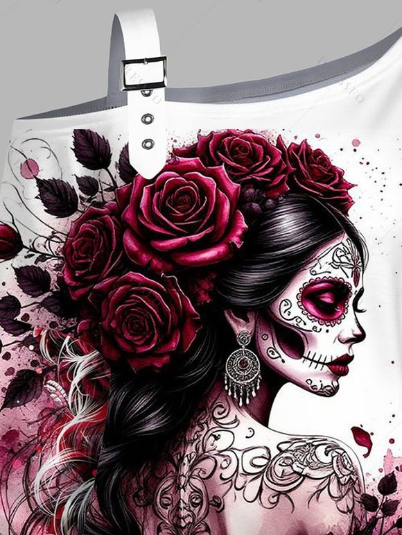 Sweat-shirt gothique à imprimé tête de mort et rose, avec boucle et col incliné - Rouge XXXXXL | US 20