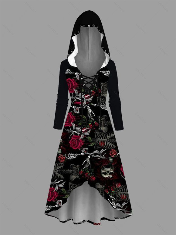 Robe à capuche gothique d'Halloween à lacets, motif crâne, squelette, rose, haut et bas - Noir XXXL | US 16