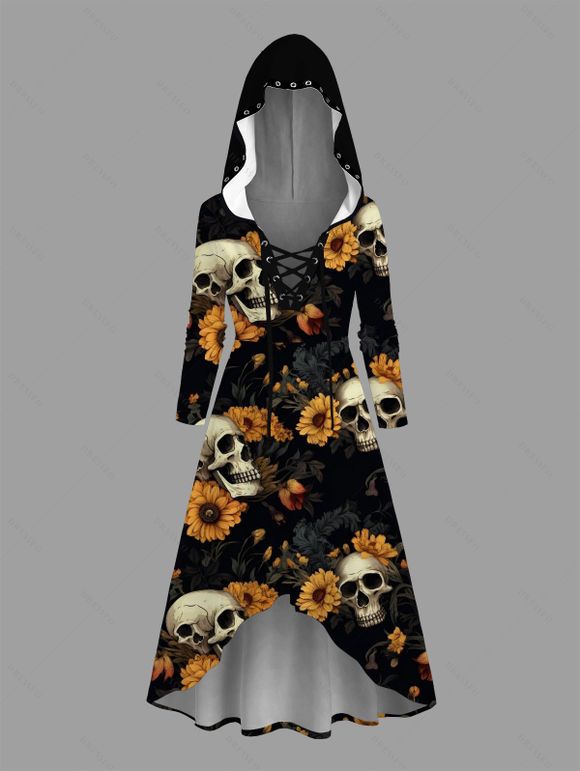 Robe à capuche gothique d'Halloween à lacets, imprimé tête de mort et tournesol, taille haute et basse - Noir XXXL | US 16