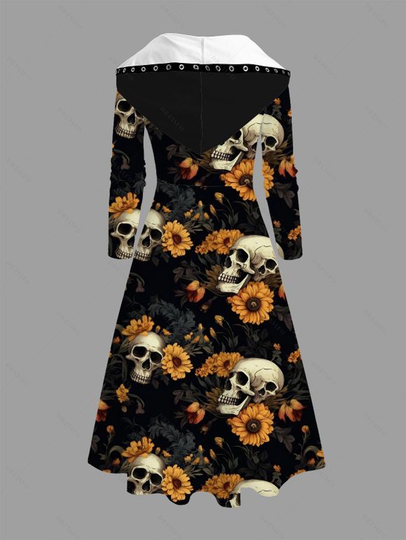 Robe à capuche gothique d'Halloween à lacets, imprimé tête de mort et tournesol, taille haute et basse - Noir XXXL | US 16