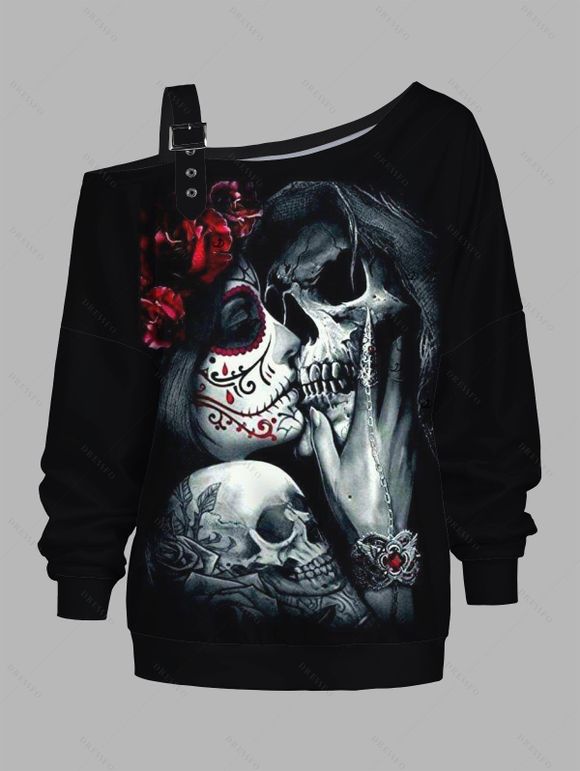 Sweat-shirt gothique à imprimé tête de mort et rose, avec boucle et col incliné - Noir XXXXXL | US 20