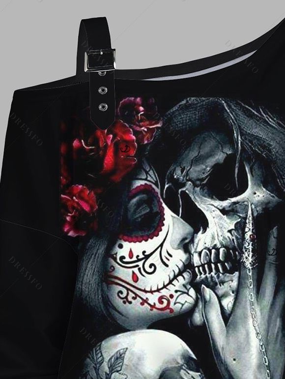 Sweat-shirt gothique à imprimé tête de mort et rose, avec boucle et col incliné - Noir XXXXXL | US 20