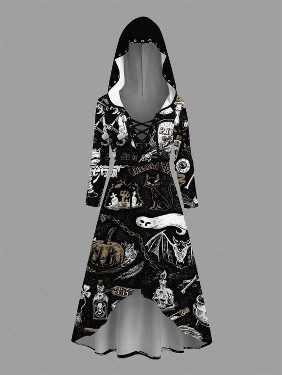 Robe à capuche gothique d'Halloween à lacets, imprimé citrouille, bougie, fantôme, haut et bas - Noir XXXXXL | US 20