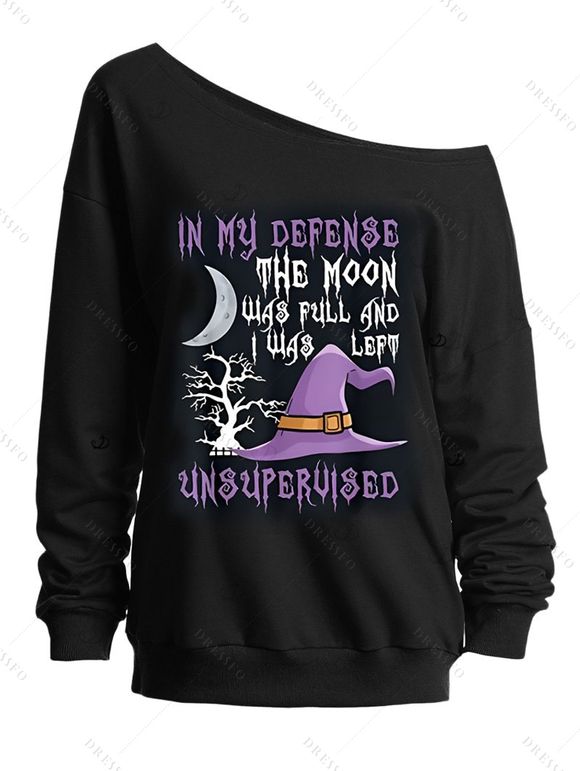 Sweat-shirt gothique d'Halloween avec chapeau de sorcier et imprimé lune et lettres, col incliné - Noir XXL | US 14