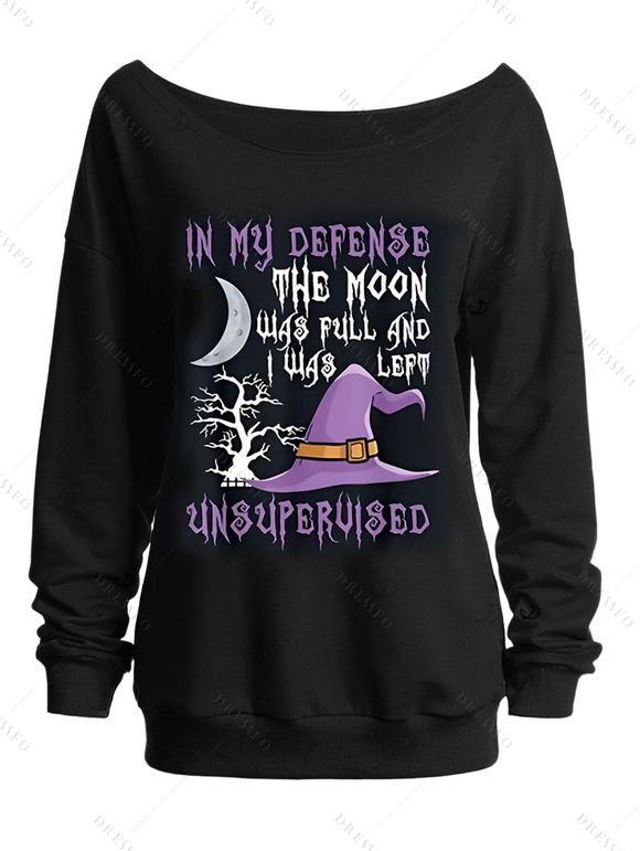 Sweat-shirt gothique d'Halloween avec chapeau de sorcier et imprimé lune et lettres, col incliné - Noir XXL | US 14