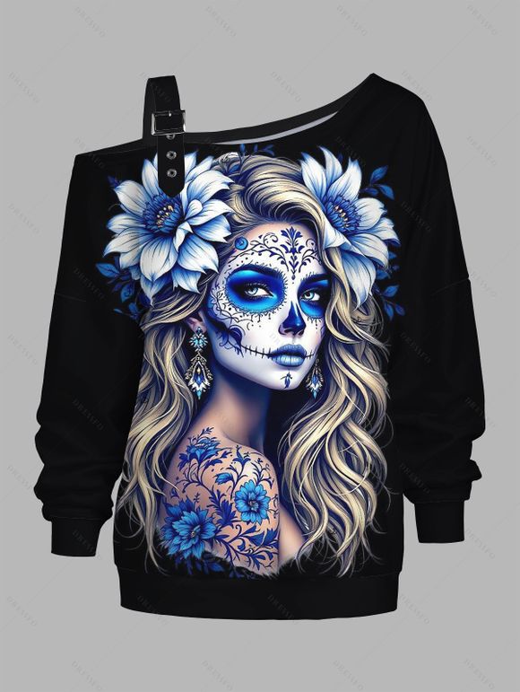 Sweat-shirt gothique à imprimé floral et col asymétrique avec boucle et sangle - Noir XXXXXL | US 20