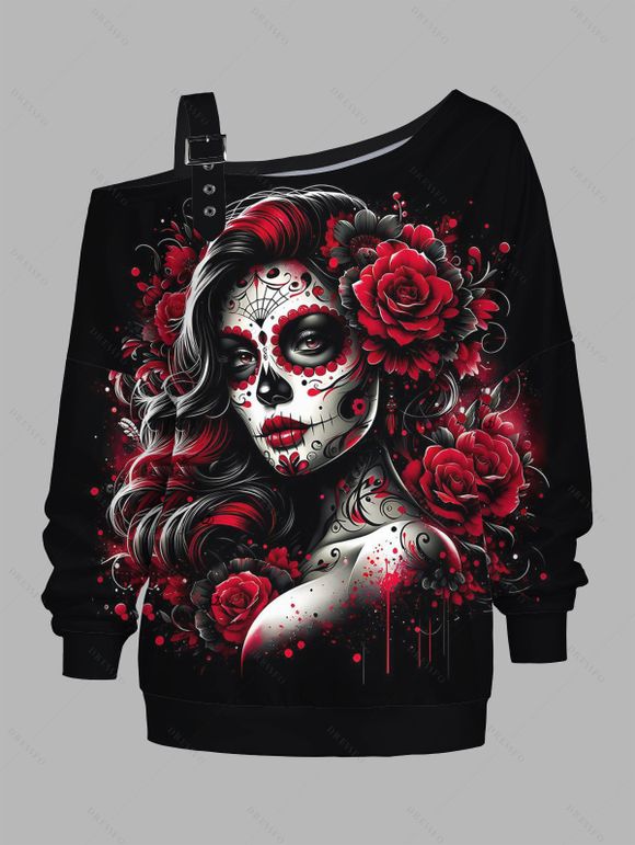 Sweat-shirt gothique à imprimé rose et sang avec boucle et col asymétrique - Noir XXXXXL | US 20