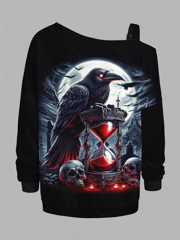 Sweat-shirt gothique d'Halloween à imprimé tête de mort, corbeau, chauve-souris, sangle à boucle, col incliné - Noir XXXXXL | US 20