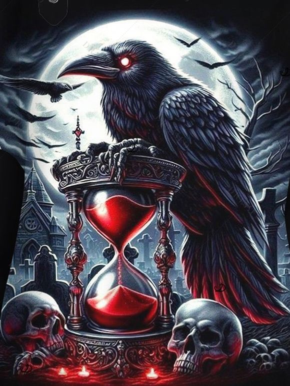 Sweat-shirt gothique d'Halloween à imprimé tête de mort, corbeau, chauve-souris, sangle à boucle, col incliné - Noir XXXXXL | US 20