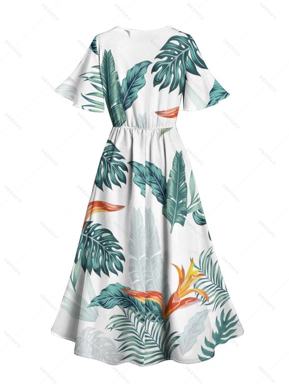 Robe de vacances mi-longue à imprimé végétal, manches évasées fendues et col en V - Vert XXL | US 14