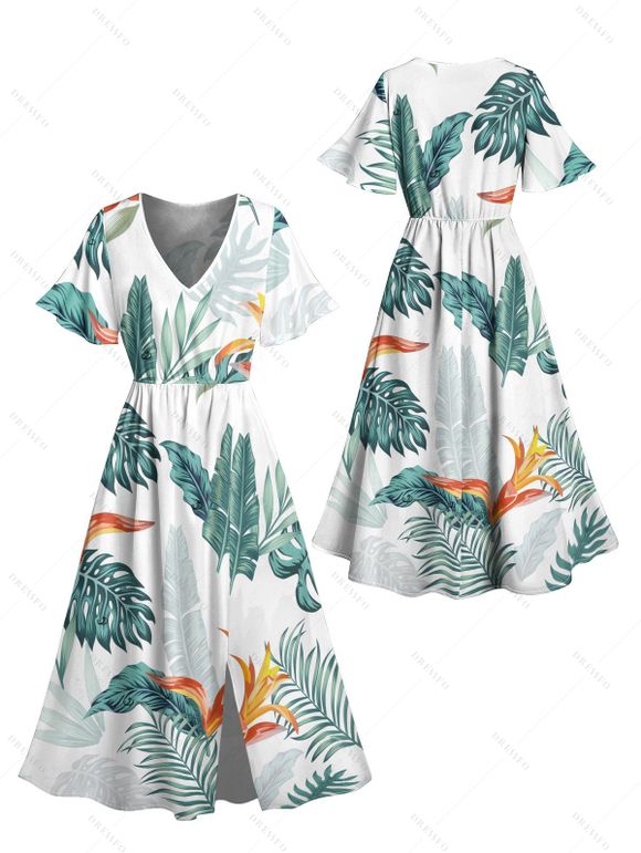 Robe de vacances mi-longue à imprimé végétal, manches évasées fendues et col en V - Vert XXL | US 14