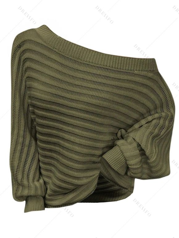 Pull texturé de couleur unie, manches chauve-souris, col oblique - Vert Armée S | US 4