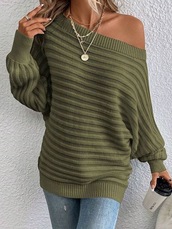 Pull texturé de couleur unie, manches chauve-souris, col oblique - Vert Armée XL | US 10