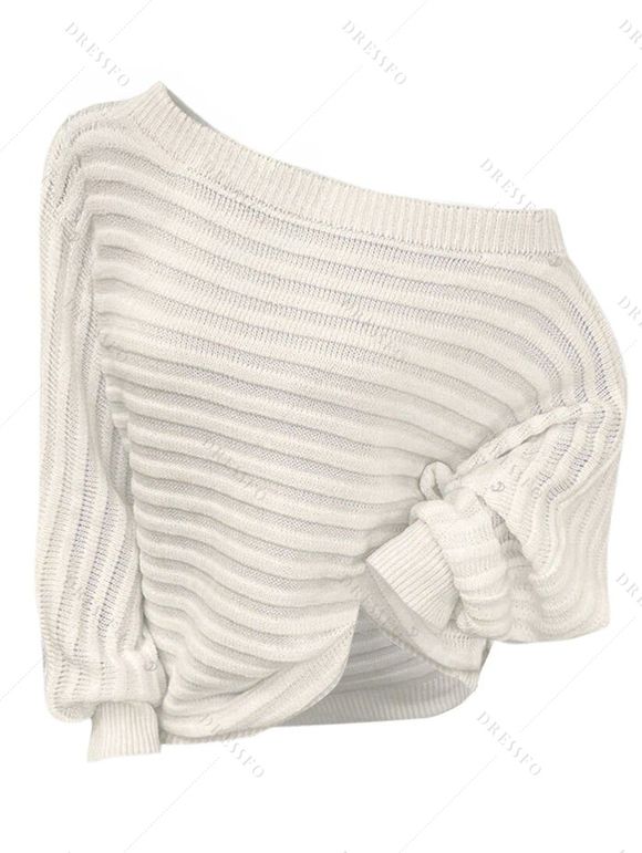 Pull texturé de couleur unie, manches chauve-souris, col oblique - Blanc XL | US 10