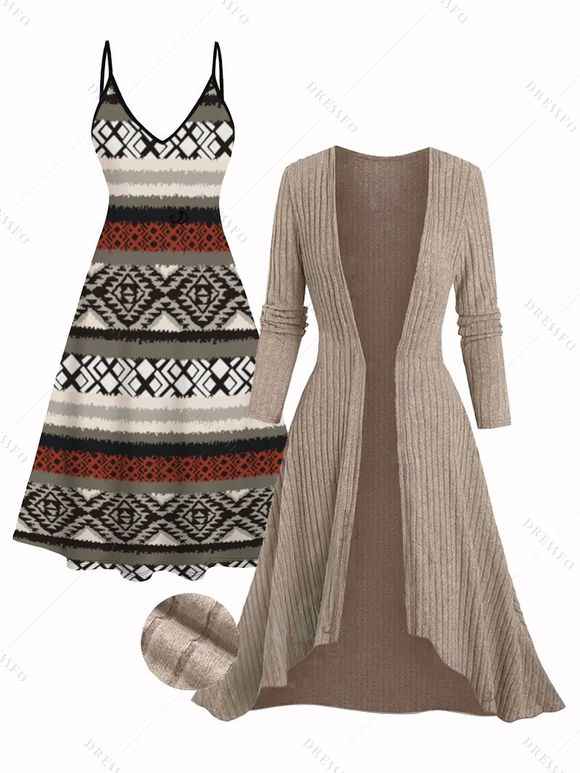 Ensemble robe à imprimé géométrique ethnique et haut long texturé ouvert sur le devant - café lumière XXL | US 14