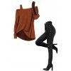 Women Outfit Skew Neck Textured Solid Color Top and Grommet Lace Up Leggings Set - Couleur Caramel S | US 4