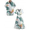 Vacation Couple Outfit Plant Print Flare Sleeve Slit Dress and Shirt Set - Vert S | US 4