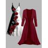 Ensemble robe à imprimé papillon rose de couleur contrastée et haut long ouvert sur le devant - Rouge Vineux XXL | US 14