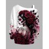 Sweat-shirt gothique à imprimé tête de mort et rose, avec boucle et col incliné - Rouge XXXXXL | US 20