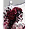 Sweat-shirt gothique à imprimé tête de mort et rose, avec boucle et col incliné - Rouge XXXXXL | US 20