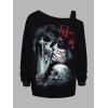 Sweat-shirt gothique à imprimé tête de mort et rose, avec boucle et col incliné - Noir XXXXXL | US 20