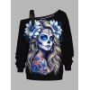 Sweat-shirt gothique à imprimé floral et col asymétrique avec boucle et sangle - Noir XXXXXL | US 20