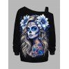 Sweat-shirt gothique à imprimé floral et col asymétrique avec boucle et sangle - Noir XXXXXL | US 20