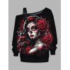 Sweat-shirt gothique à imprimé rose et sang avec boucle et col asymétrique - Noir XXXXXL | US 20