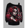 Sweat-shirt gothique à imprimé rose et sang avec boucle et col asymétrique - Noir XXXXXL | US 20